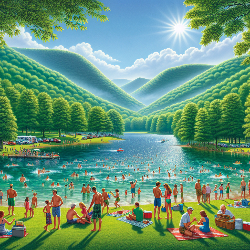 Beach Day to Mountain Views: The Perfect Day at Greenbrier State Park 1 A vibrant view of Greenbrier State Park showcasing Greenbrier Lake with people swimming and enjoying picnics under bright blue skies. In the background, lush green mountains rise majestically.