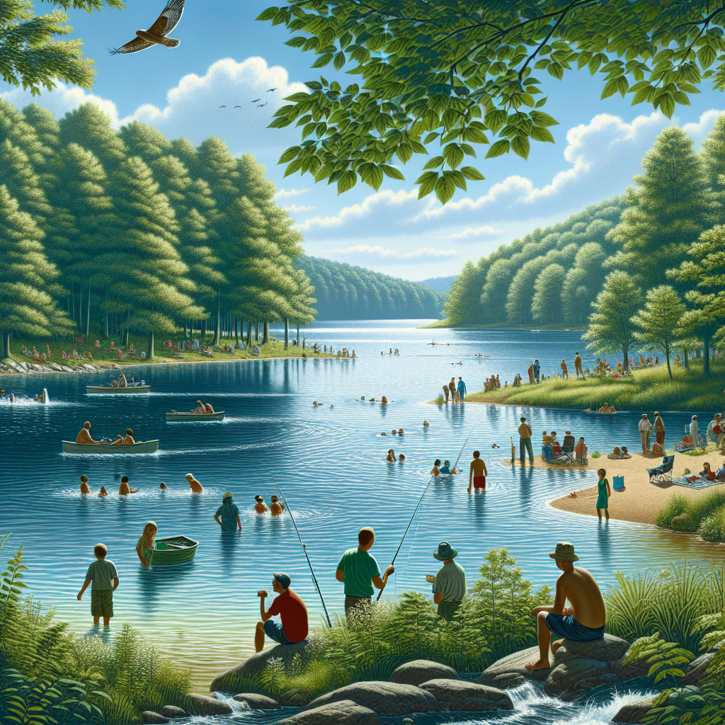 Beach Day to Mountain Views: The Perfect Day at Greenbrier State Park 2 A picturesque view of Greenbrier Lake with people enjoying various activities like swimming and fishing surrounded by lush greenery.