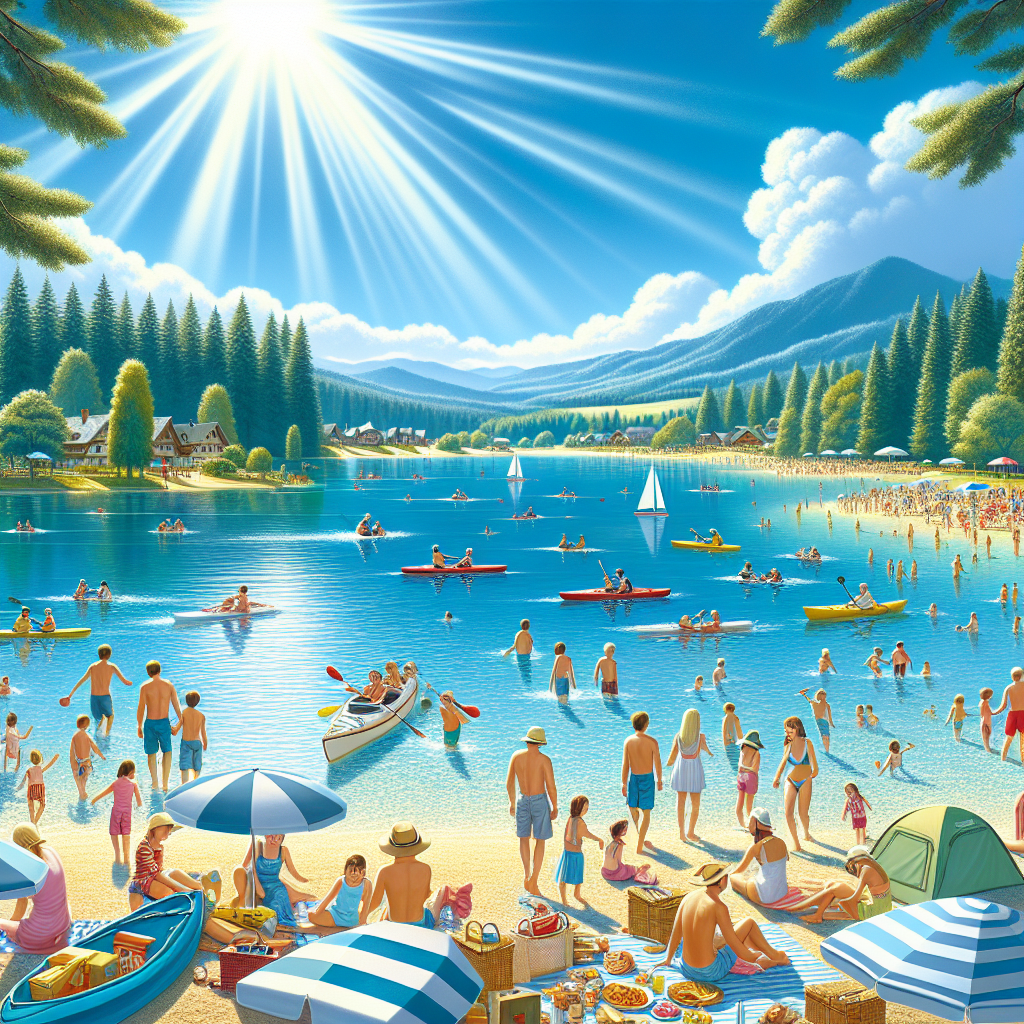 Beach Day to Mountain Views: The Perfect Day at Greenbrier State Park 3 A sunny beach scene at Greenbrier Lake with families swimming, kayaking, and picnicking