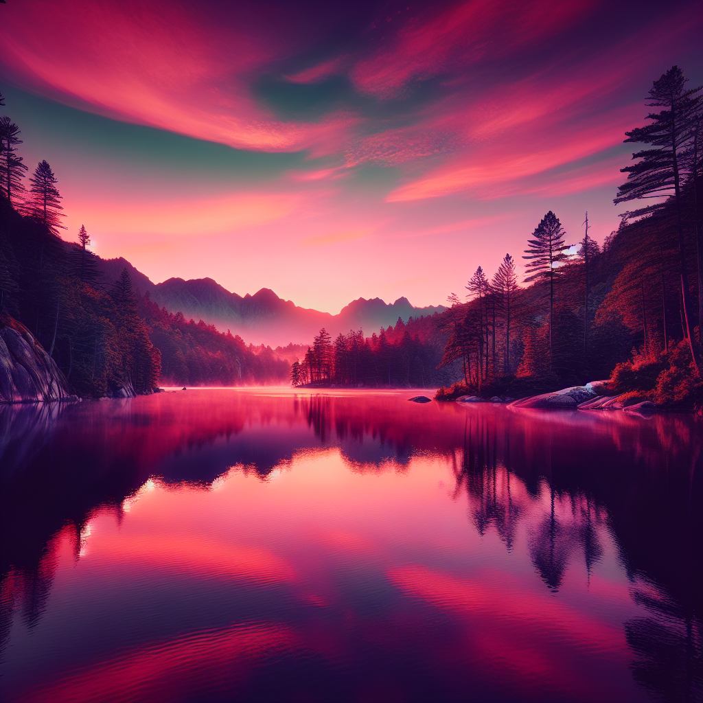 Exploring Poinsett State Park: The Mountain of the Midlands 4 A serene lake at sunrise in Poinsett State Park, with reflections of trees and mountains in the water, vibrant colors of orange and pink in the sky