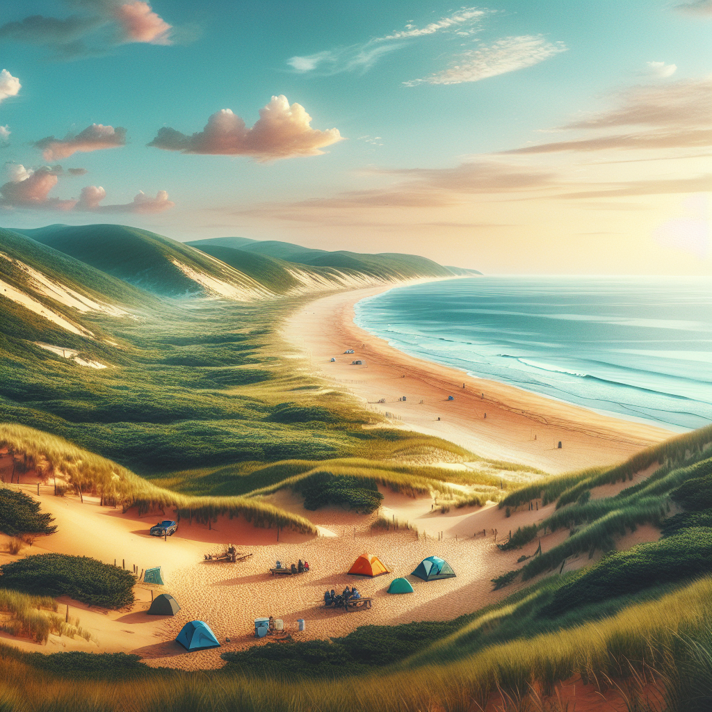 A scenic view of Cape Henlopen State Park showcasing sandy beaches, lush green dunes, and a clear blue sky with campers in tents