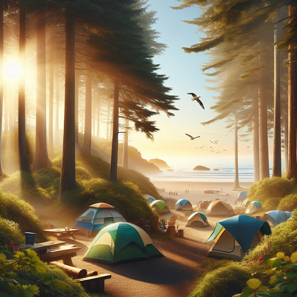 A scenic view of Cape Henlopen State Park showcasing campgrounds near the beach with tents set up under tall trees