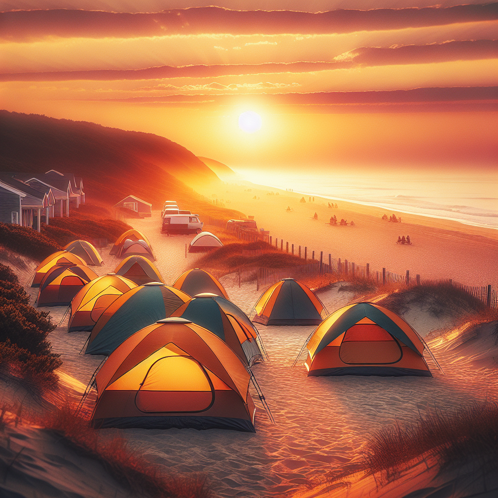 A scenic view of Cape Henlopen State Park campsite with tents set up near the beach during sunset