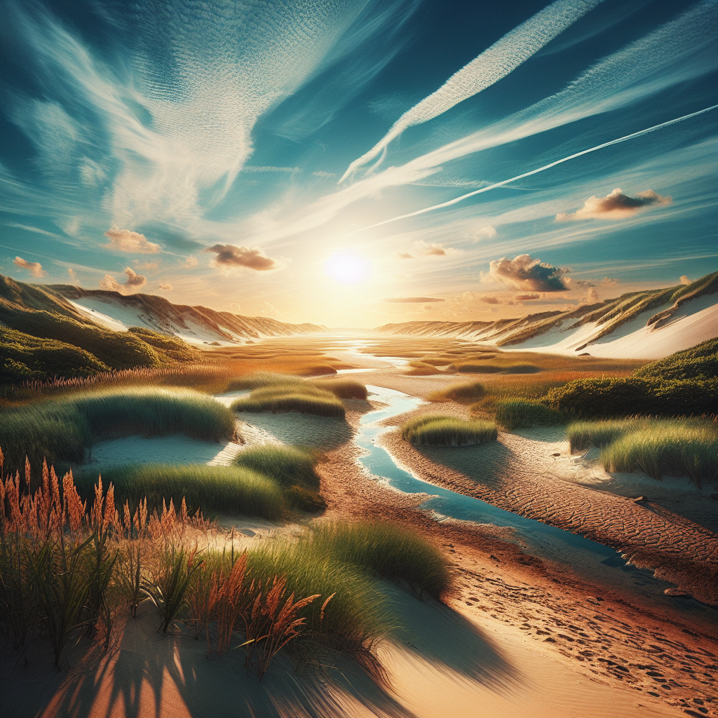 A panoramic view of Delaware Seashore State Park showcasing sandy beaches, lush dunes, and vibrant salt marshes under a clear blue sky
