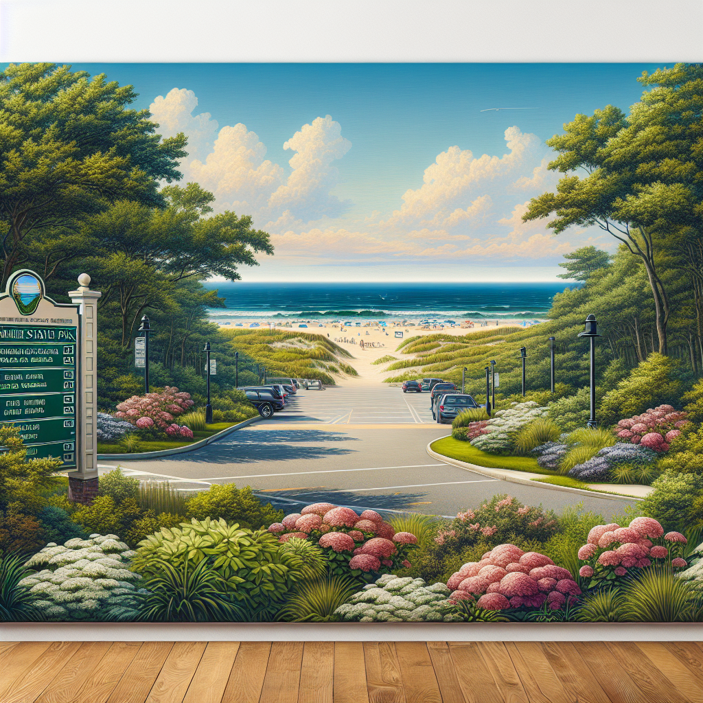 A scenic view of Delaware Seashore State Park entrance with clear signage, lush greenery surrounding parking areas, and glimpses of sandy beaches in the background