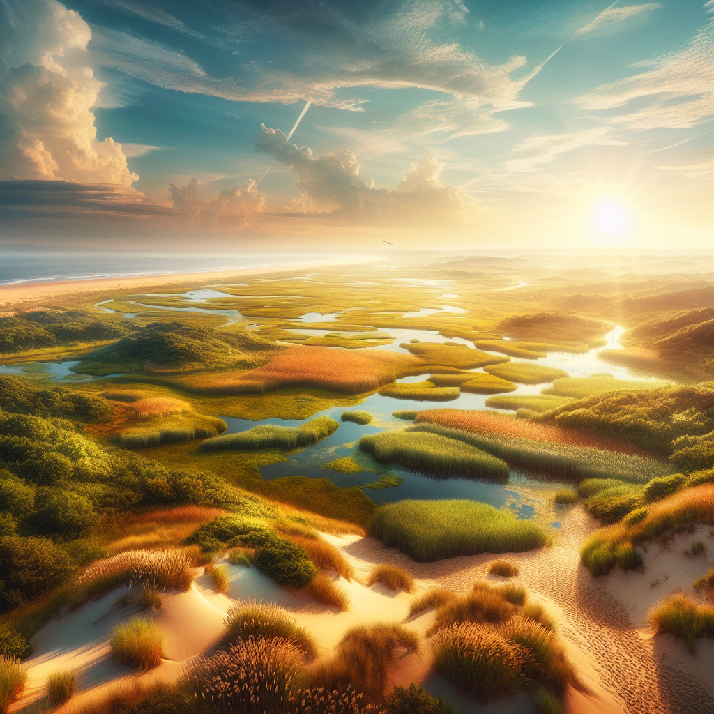 A vibrant landscape showcasing diverse ecosystems at Delaware Seashore State Park with sandy beaches, rolling dunes, and lush wetlands under a sunny sky