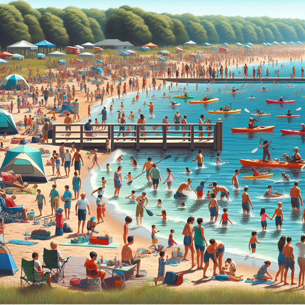 A vibrant scene depicting families enjoying various recreational activities at Delaware Seashore State Park including swimming, kayaking, hiking trails, and camping
