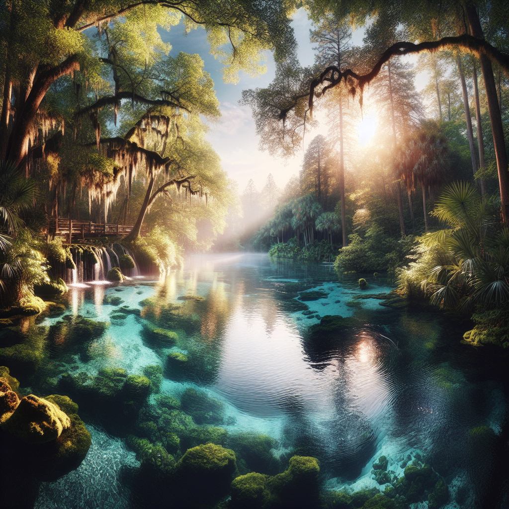 A panoramic view of Rainbow Springs State Park featuring crystal clear waters and lush greenery