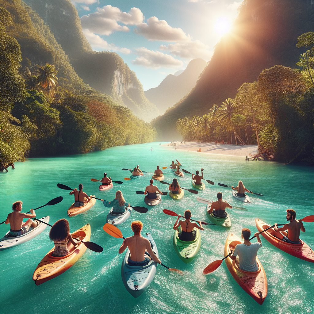 A group of people kayaking on Rainbow River surrounded by lush vegetation