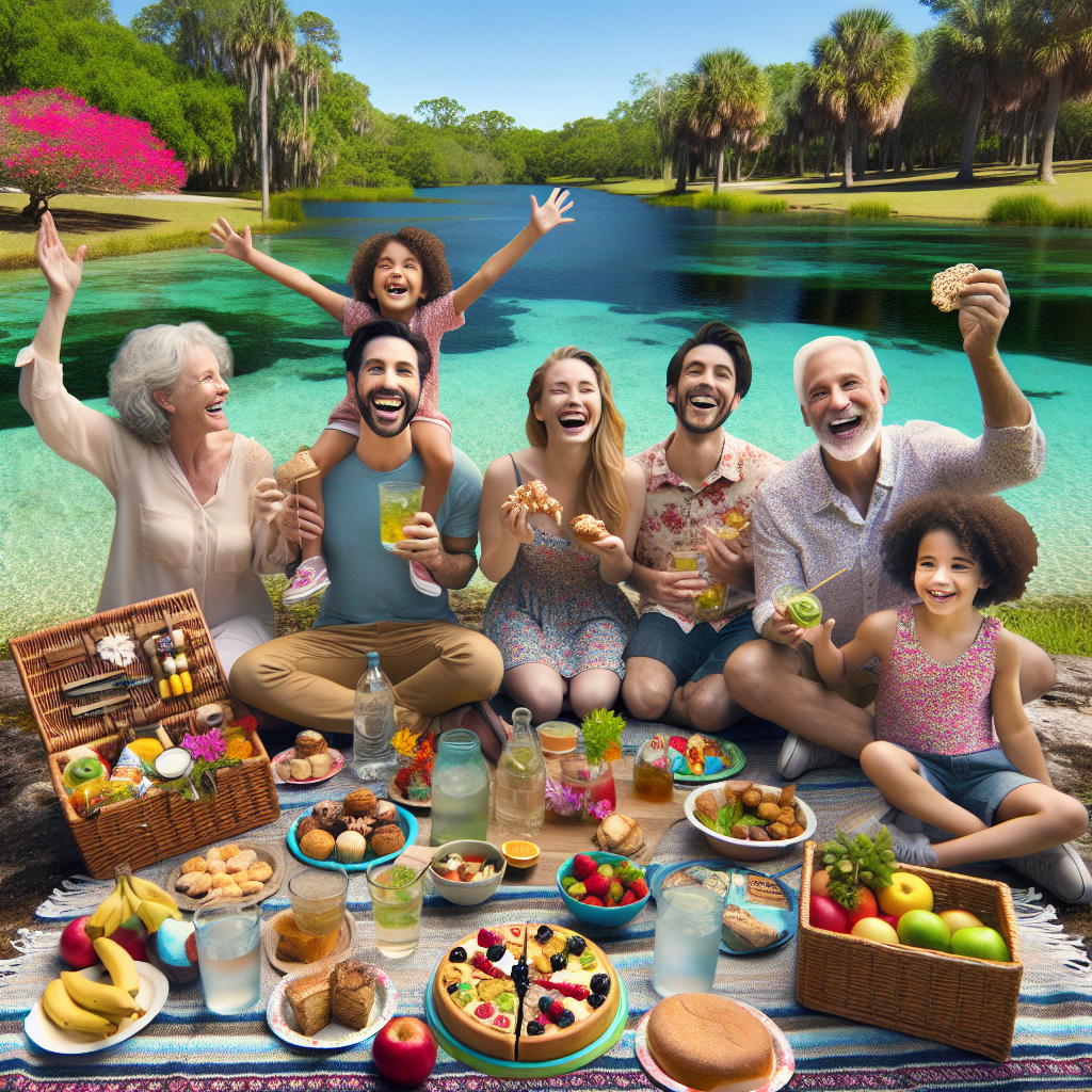 A family enjoying a picnic near clear waters in Rainbow Springs State Park