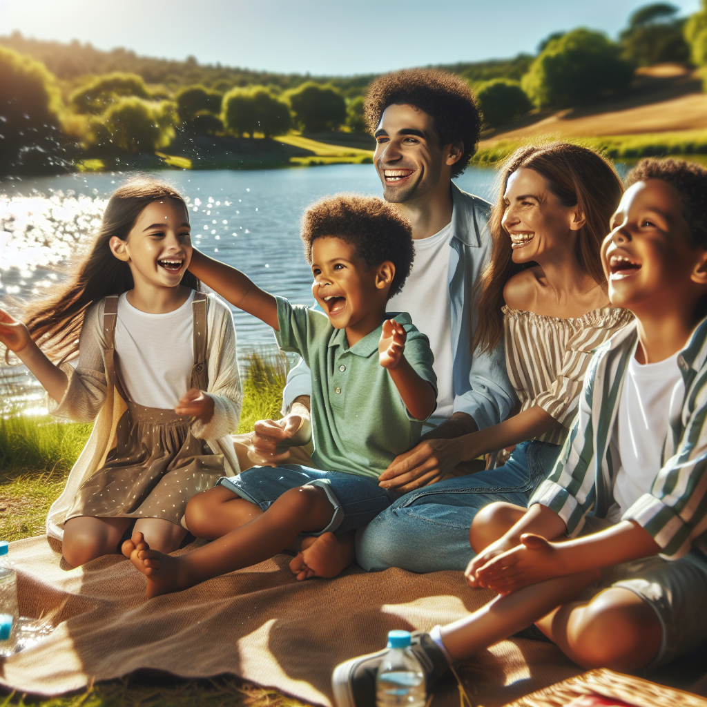 A family enjoying a sunny day at Little Buffalo State Park with children playing near the lake