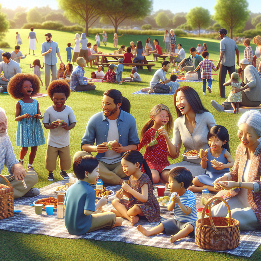 A vibrant scene of families enjoying a picnic in Little Buffalo State Park with children playing nearby