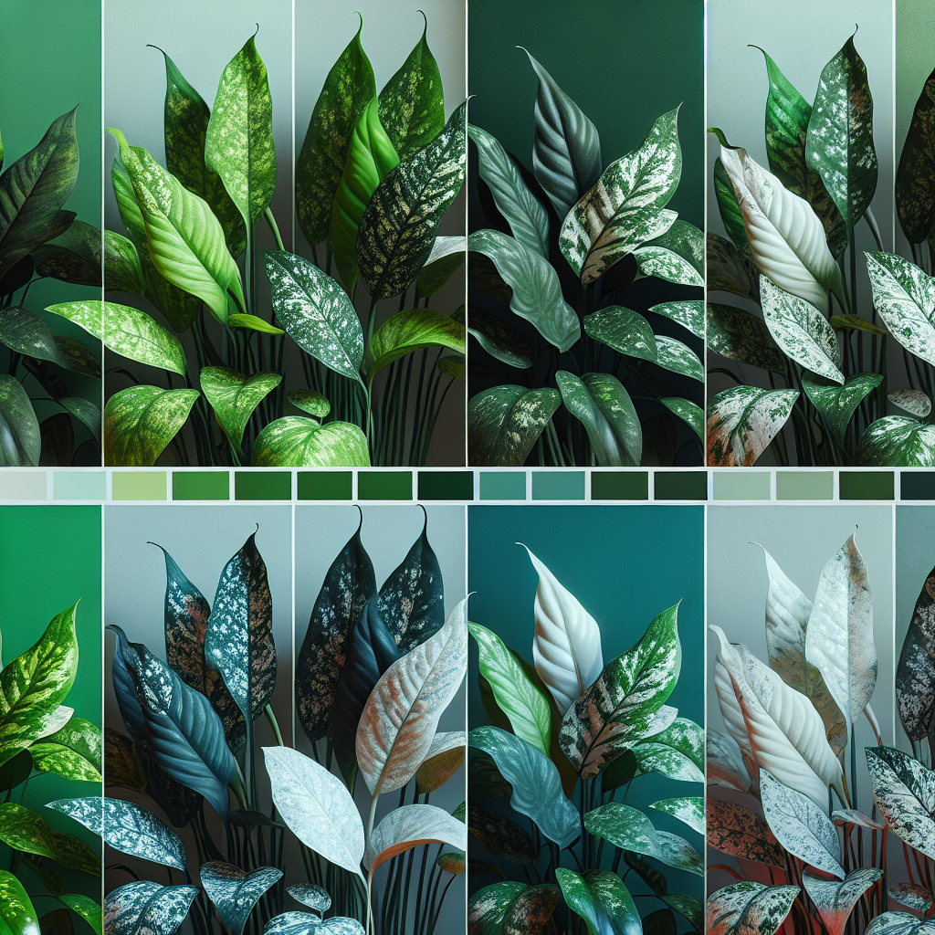 A close-up photo of various houseplant leaves showing different stages of discoloration including healthy green leaves and those turning white with spots
