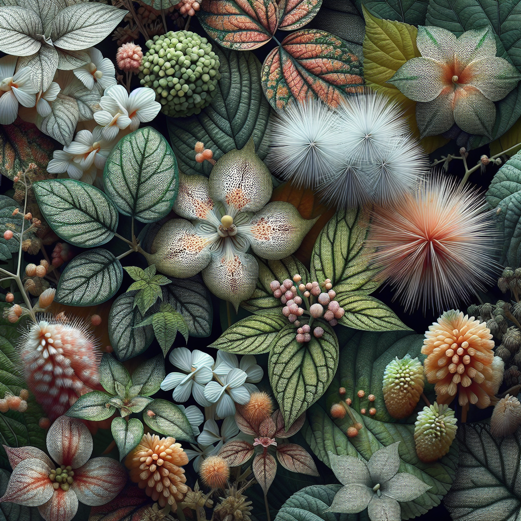 A close-up photo of various plants showing white spots and leaf whitening symptoms