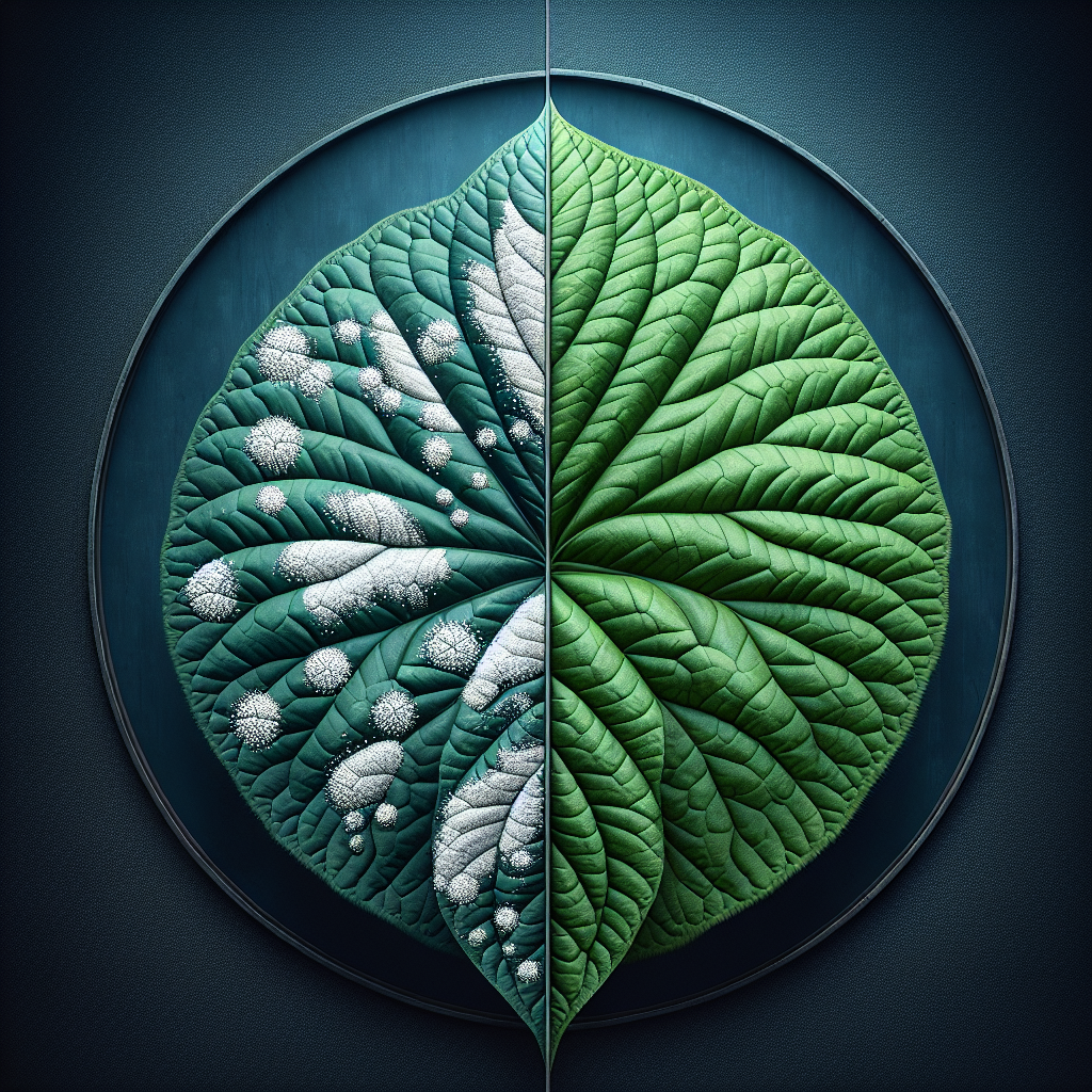 A split image showing one side with white spots on leaves and the other side with leaf whitening symptoms