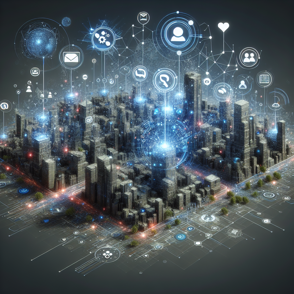 A futuristic digital landscape showing interconnected customer engagement channels like social media, email, chatbots, and mobile apps