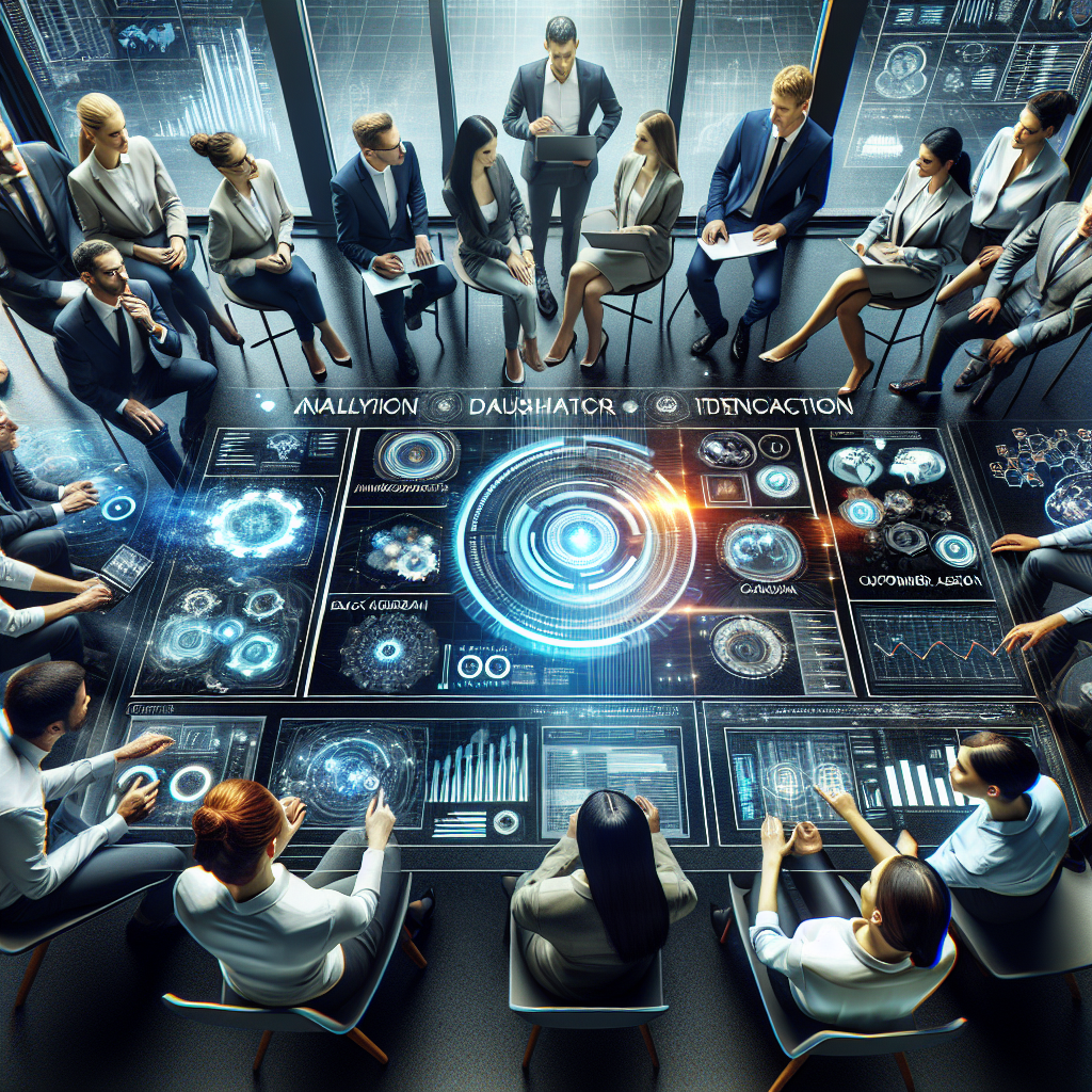 A futuristic business team collaborating over digital devices showcasing analytics dashboards and customer interaction platforms