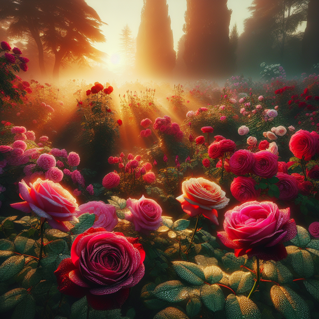 A stunning photo realistic image of a lush rose garden at sunrise with dew on petals, showcasing different species like red roses and pink roses blooming beautifully.