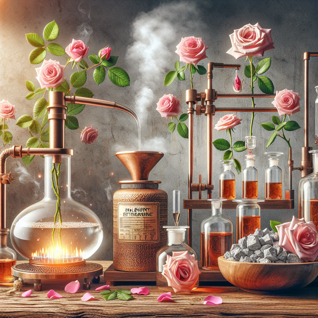 A detailed photo realistic image showcasing various <a href='https://houseofziggimay.com/products/perfumes/samples/velvet-twilight-1-5ml-sample/'>extraction methods</a> for rose oil - including distillation apparatus with steam rising from fresh roses, jars of solvent-extracted concrete on a wooden table, and cold-pressed rose oil bottles under soft lighting.
