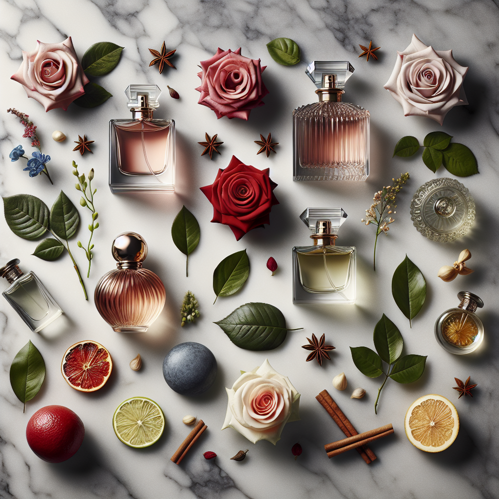 A visually stunning arrangement showcasing various perfume bottles featuring roses as core notes alongside complementary ingredients like citrus fruits, spices, and woods on an elegant marble background.