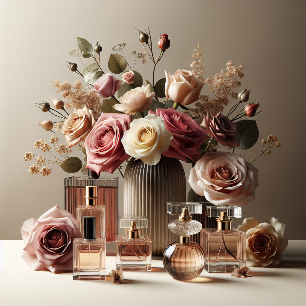 'An artistic arrangement showcasing various rose species alongside perfume bottles highlighting both raw petals and finished scents set against an elegant backdrop.', style: 'photo realistic', mood: 'sophisticated'