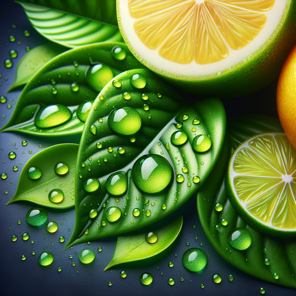 A macro shot capturing droplets on vibrant green leaves alongside slices of lemon and lime, evoking freshness and vitality.
