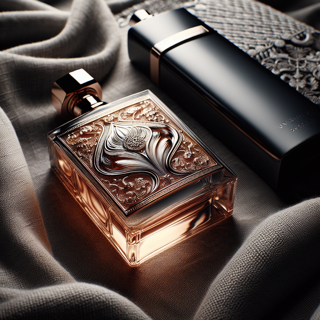 A macro shot showcasing two distinct perfume bottles side by side; one representing niche perfumery (an ornate glass bottle) and the other representing designer fragrance (a sleek modern bottle), both elegantly displayed on textured fabric.