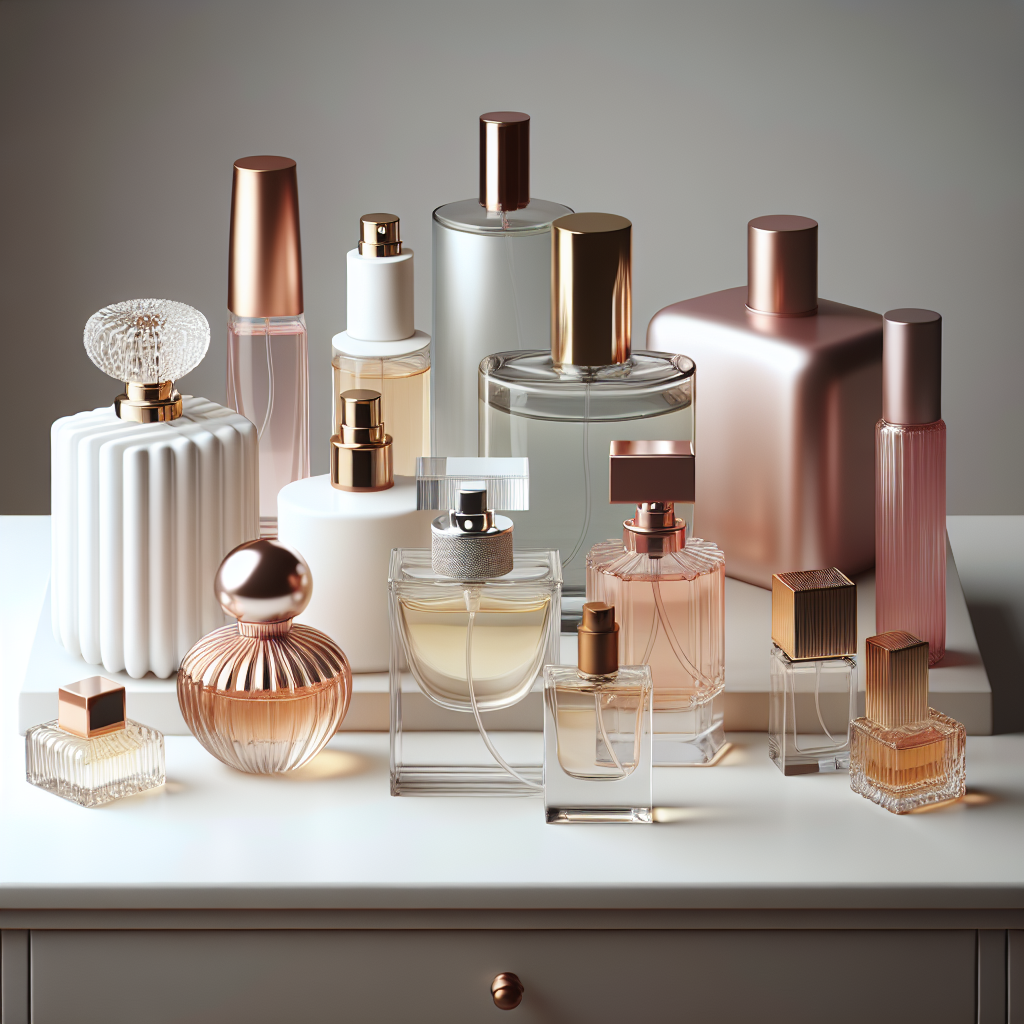 'An elegant display of various perfume bottles arranged artistically on a minimalist vanity, highlighting the concept of perfume layering.', 'photo realistic', 'sophisticated'