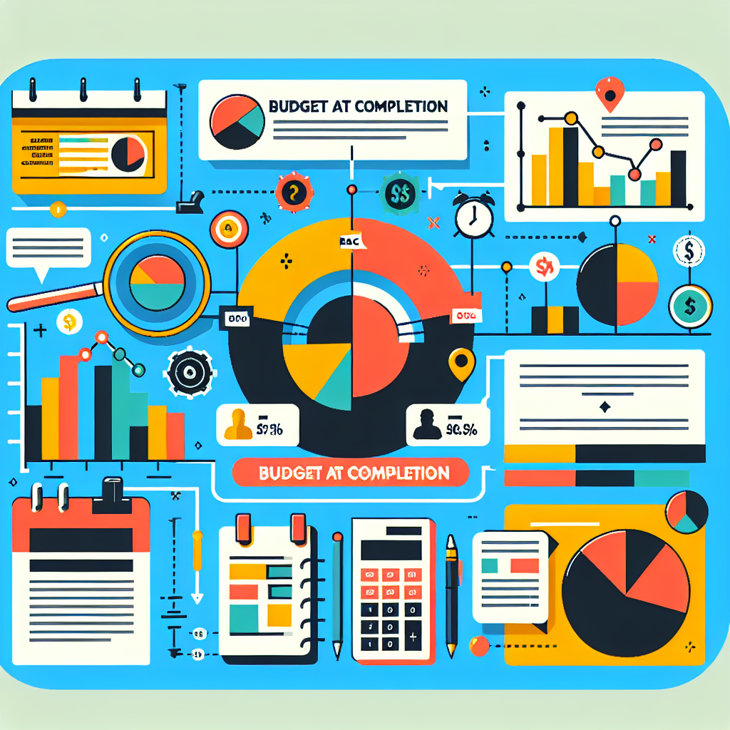 A colorful infographic explaining Budget at Completion (BAC) in project management with visual elements like graphs and calculators