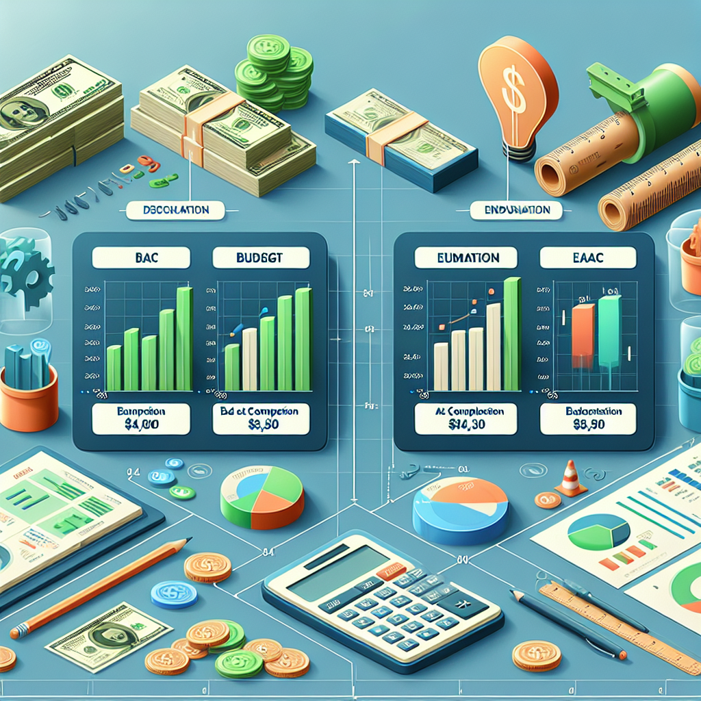A creative illustration showing different financial metrics like BAC and EAC compared side by side with visual aids