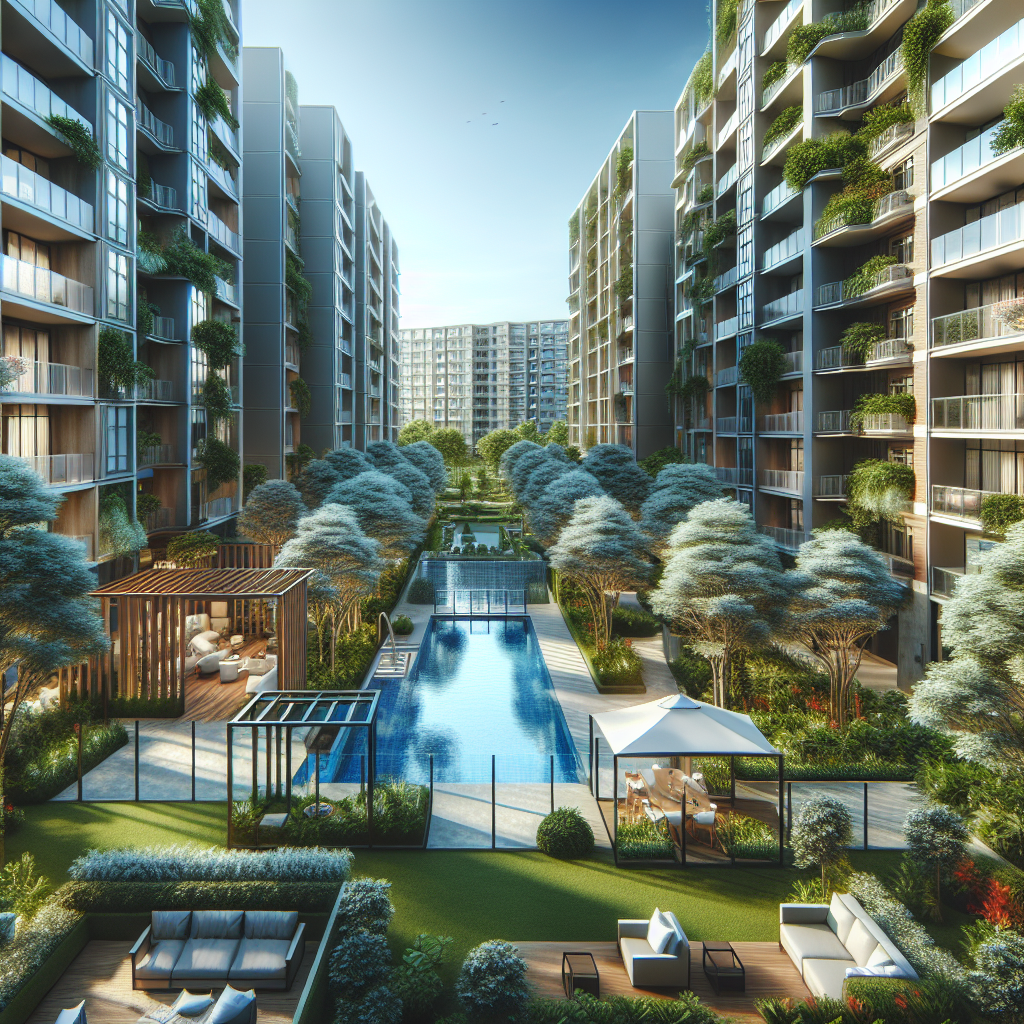 A modern apartment complex in Bella Vista with lush greenery and outdoor amenities