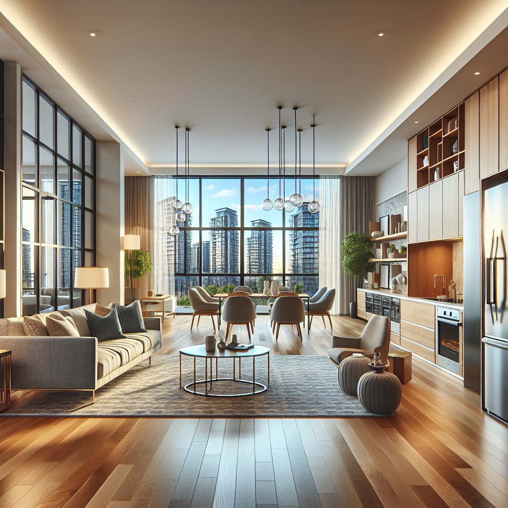 A modern luxury apartment interior showcasing open floor plans, hardwood flooring, and energy-efficient appliances