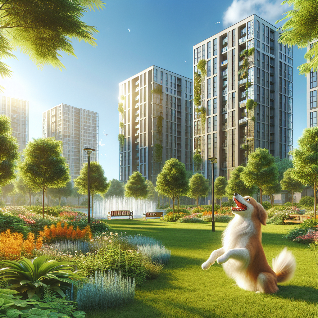 A happy dog playing in a sunny park near modern apartments with lush greenery