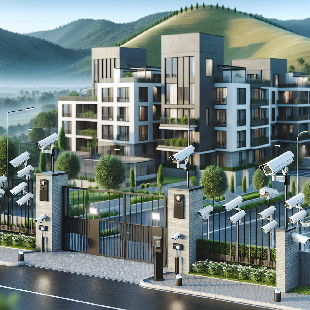 A modern apartment complex in Bella Vista showcasing security features like gated entry and surveillance cameras