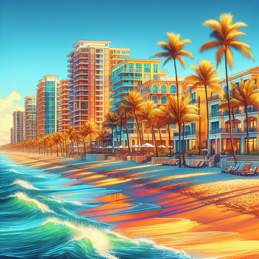 A vibrant beach scene in Boca Raton showcasing modern apartment buildings along the coastline
