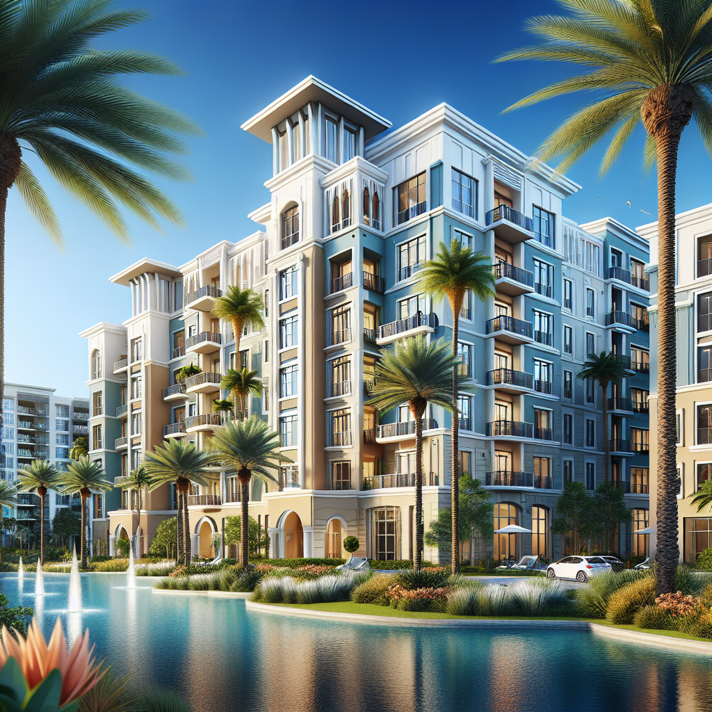A vibrant apartment complex in Boca Raton with palm trees and modern amenities