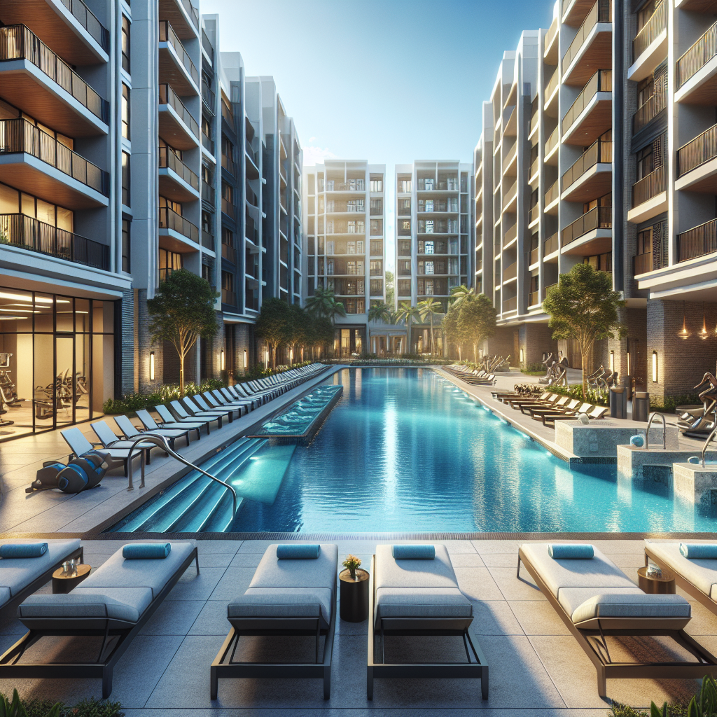 A luxurious apartment complex in Boca Raton featuring modern amenities such as a pool and gym