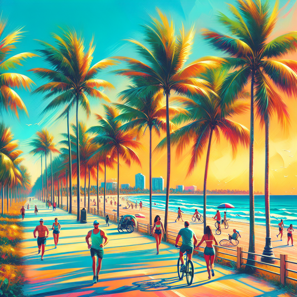 A beautiful beach scene in Boca Raton with palm trees swaying in the breeze, people enjoying outdoor activities like jogging and cycling along the shore