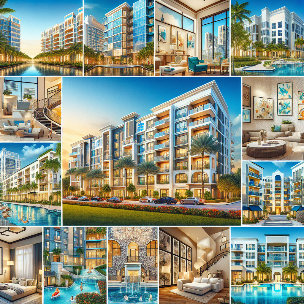A collage showcasing different types of apartments in Boca Raton, including luxury high-rises, pet-friendly units, affordable complexes, and furnished rentals