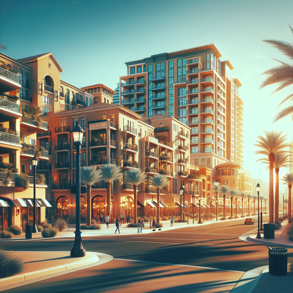 A scenic view of downtown Boca Raton with luxury apartments and palm trees