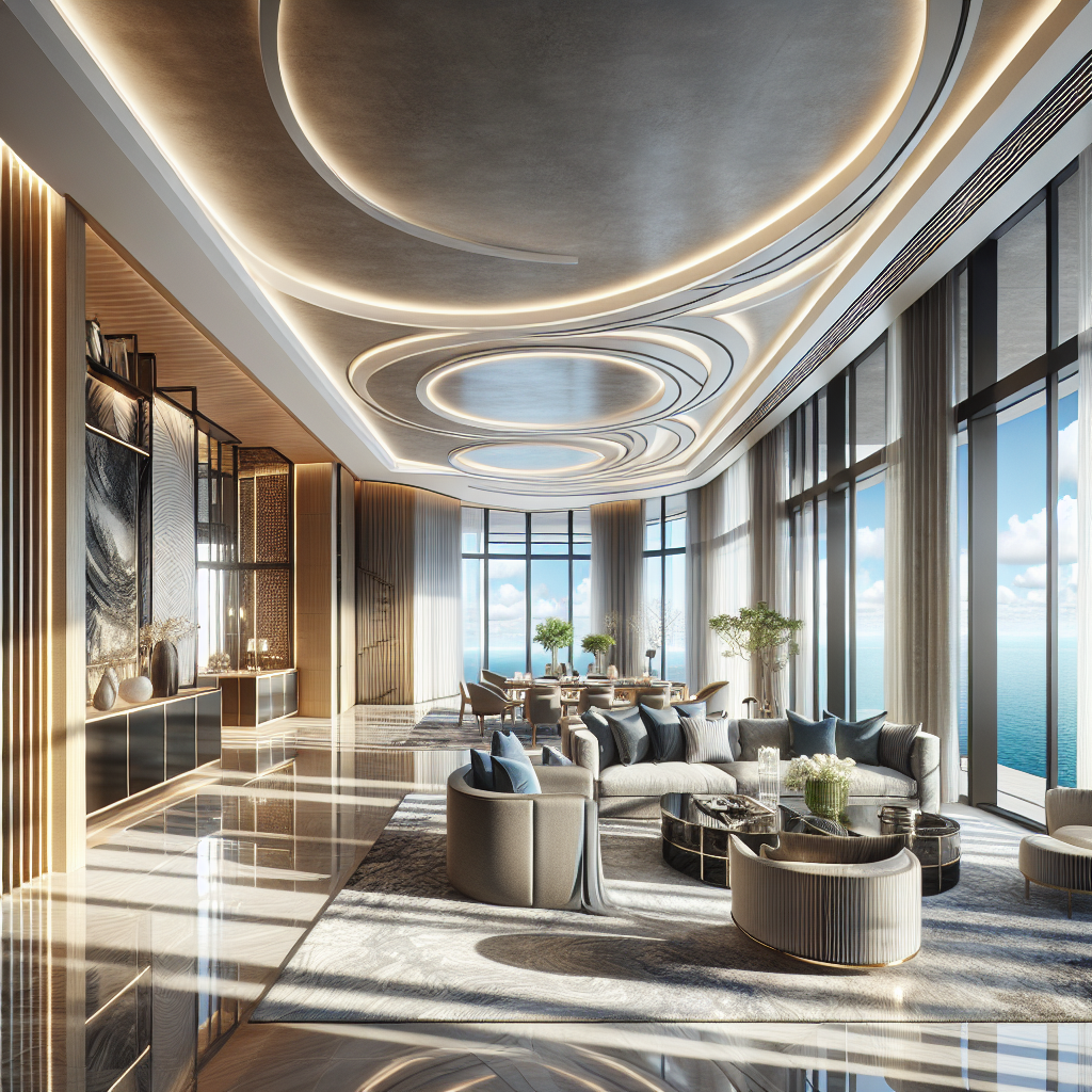 A luxurious apartment interior with modern design elements, showcasing spacious layouts and high-end finishes. Include large windows with ocean views and stylish furniture.