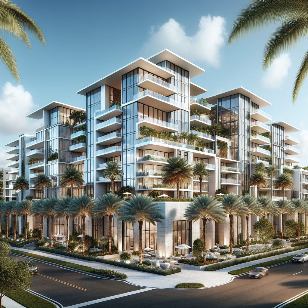 A luxurious apartment complex in Boca Raton with modern architecture surrounded by palm trees