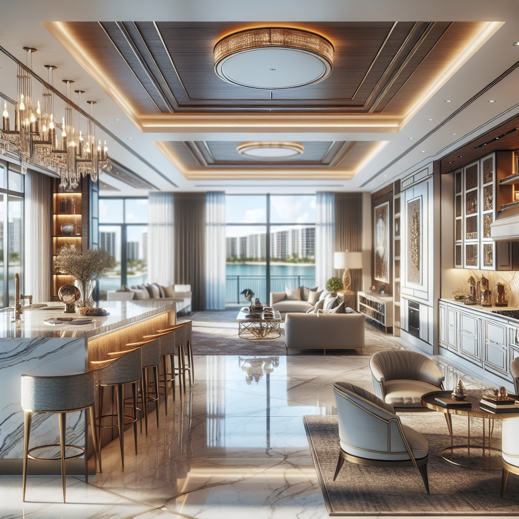 A luxurious apartment interior in Boca Raton showcasing spacious floor plans, designer finishes, and gourmet kitchen