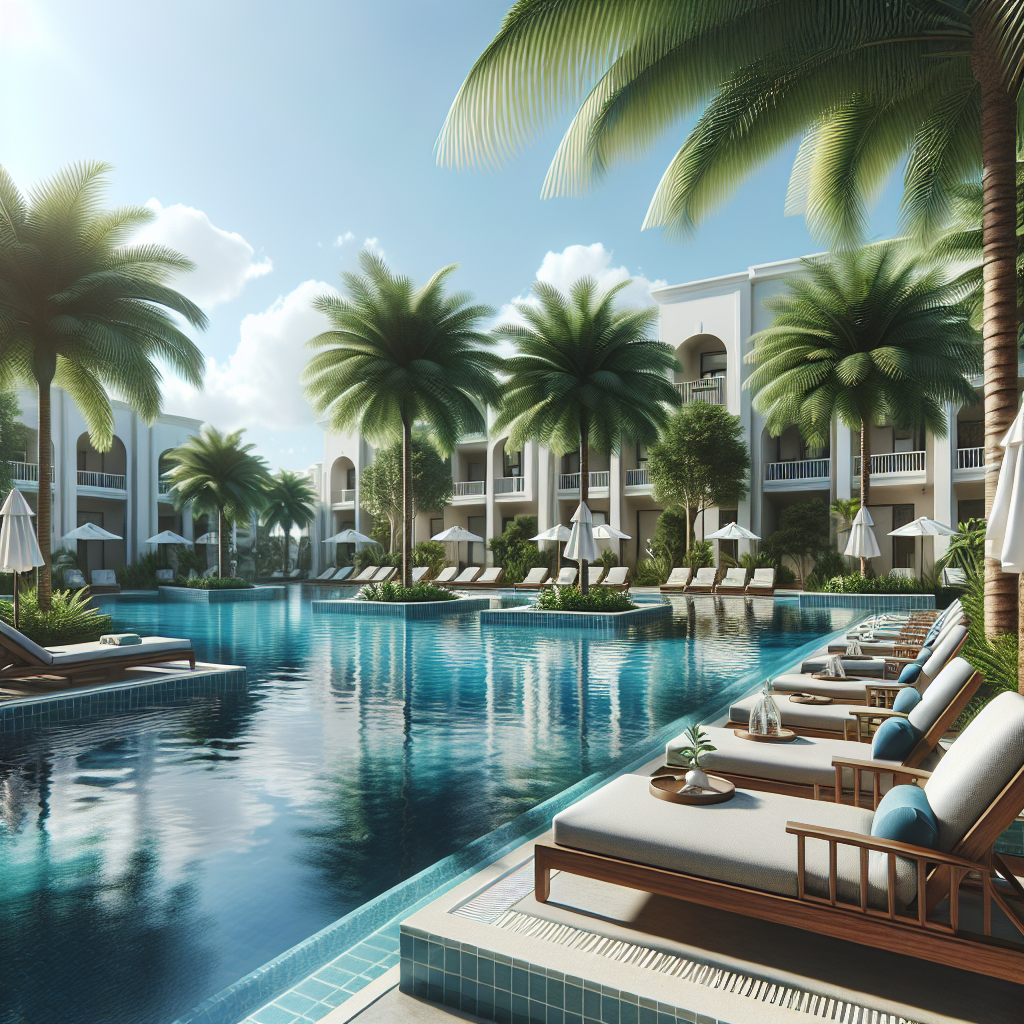 A luxurious apartment pool area with palm trees and lounge chairs under a clear blue sky