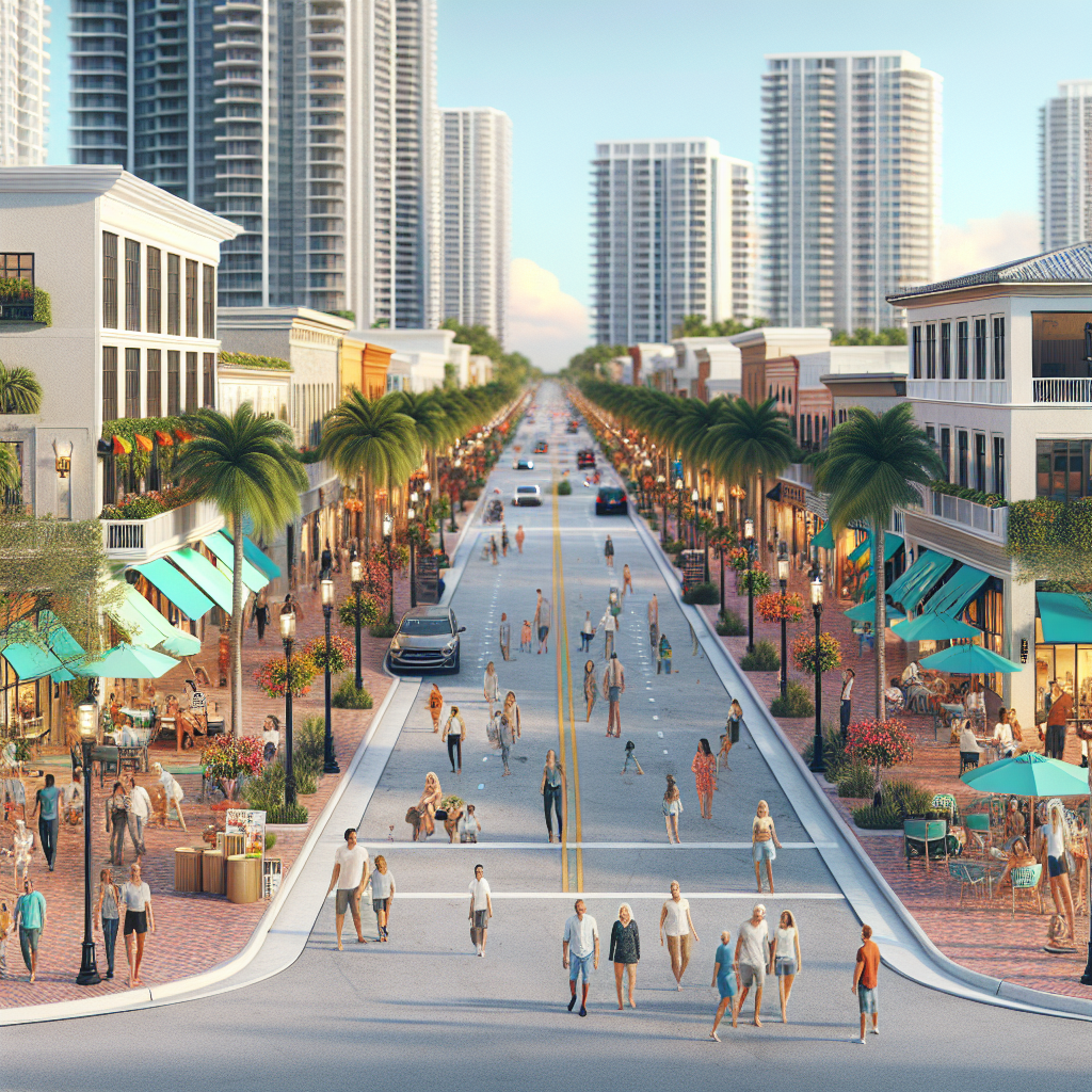 A vibrant street scene in Boca Raton showcasing parks, shops, and cultural attractions with people enjoying their day
