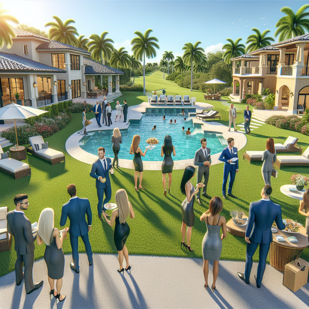 A sunny open house event in Boca Raton with people exploring luxury homes