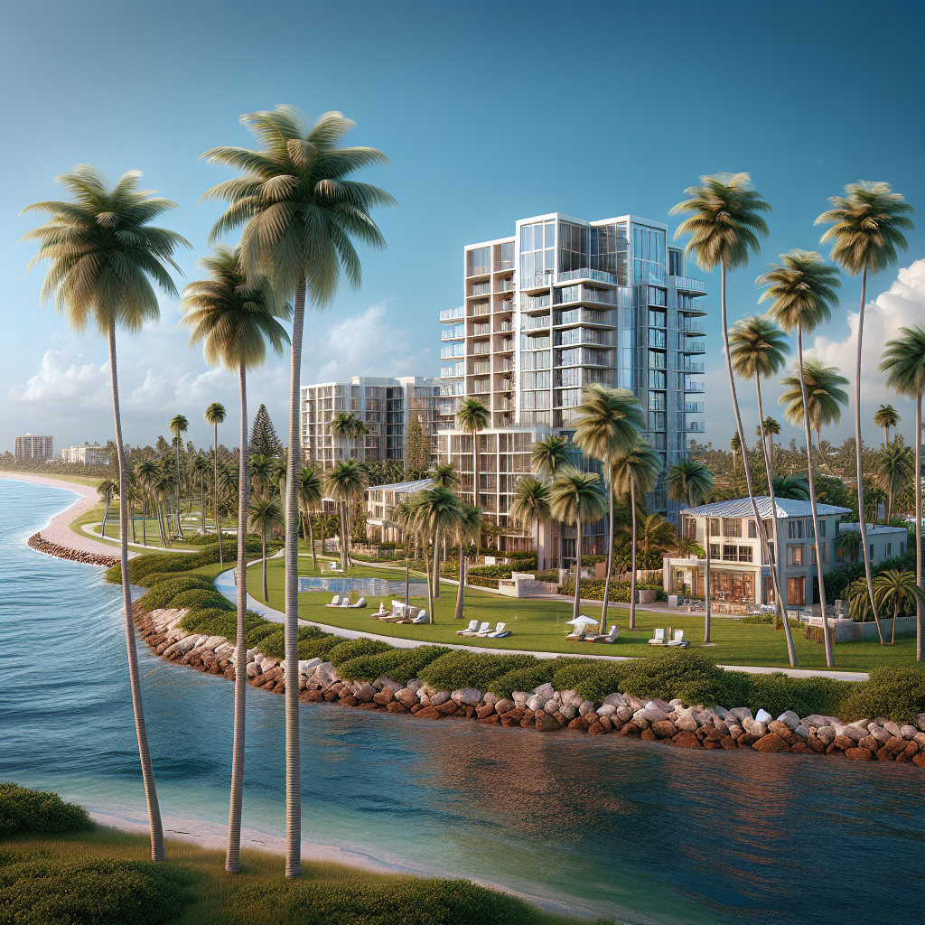 A picturesque view of Boca Raton featuring palm trees, modern apartment buildings near the beach, and a clear blue sky