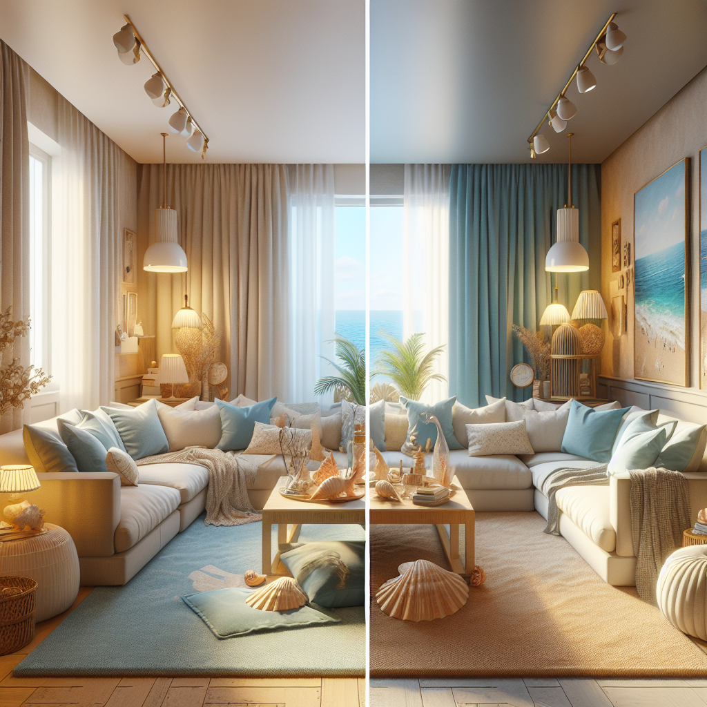 A cozy living room interior with modern furnishings and beach-themed decor, showcasing both furnished and unfurnished options