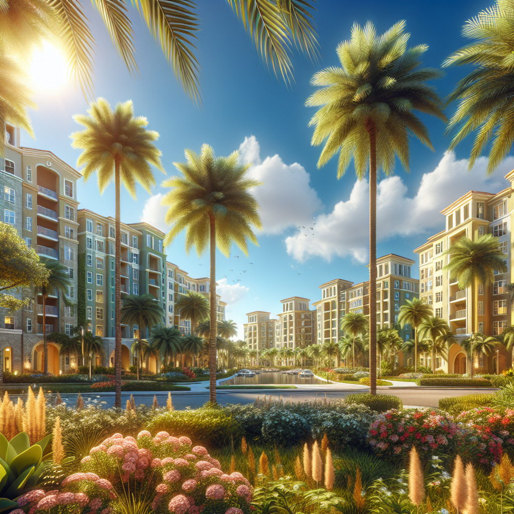 A vibrant view of Boca Raton apartment complexes with palm trees and sunny skies