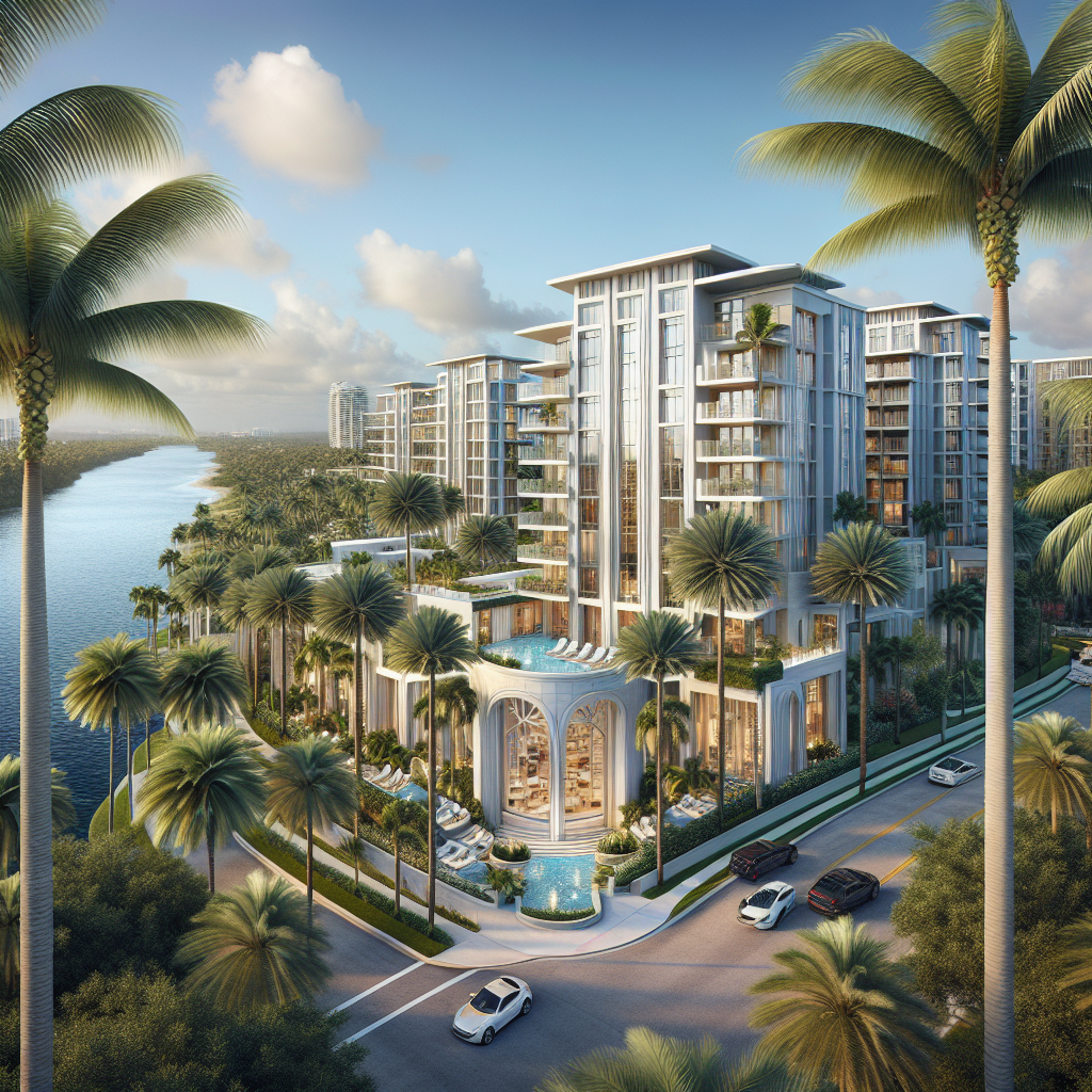 A modern apartment complex in Boca Raton with palm trees and ocean views